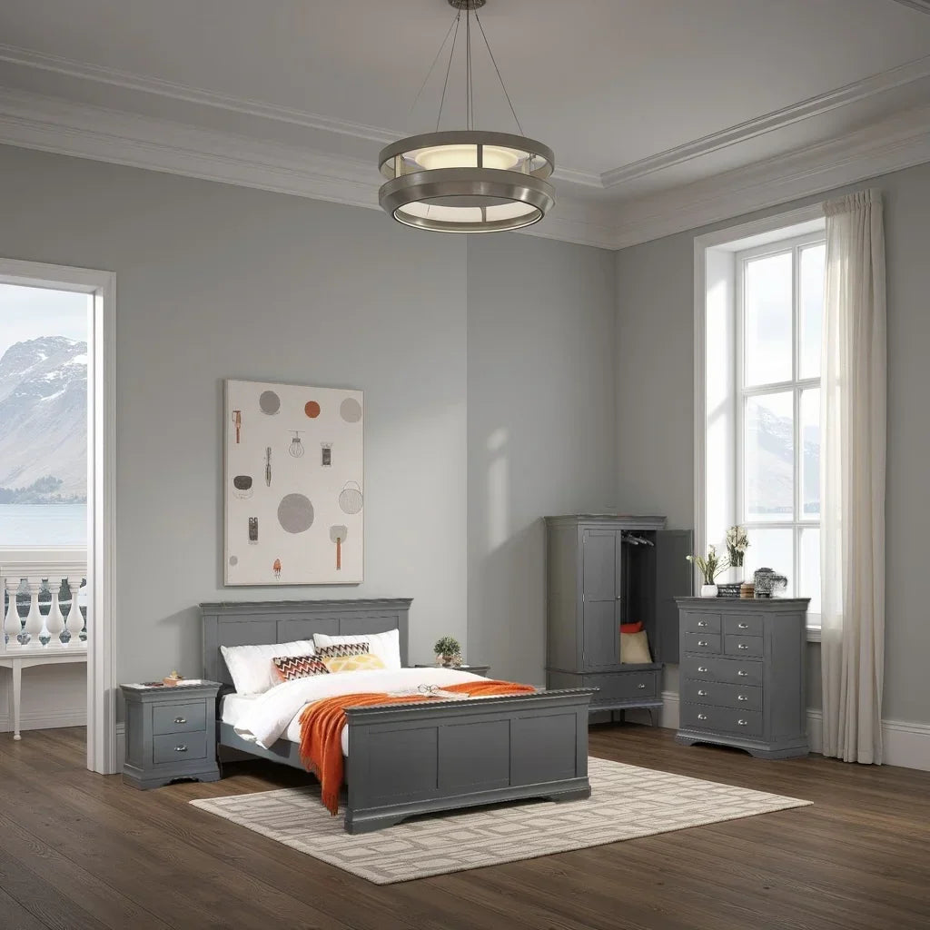 Grey wooden bedroom furniture set with bed, drawers, wardrobe, and bedside table