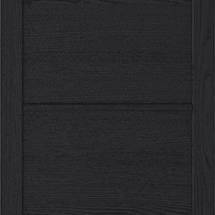 Dark charcoal interior door with four horizontal panels and wood grain texture