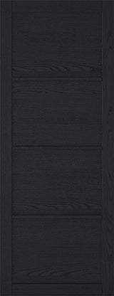 Dark charcoal interior door with four horizontal panels and wood grain texture