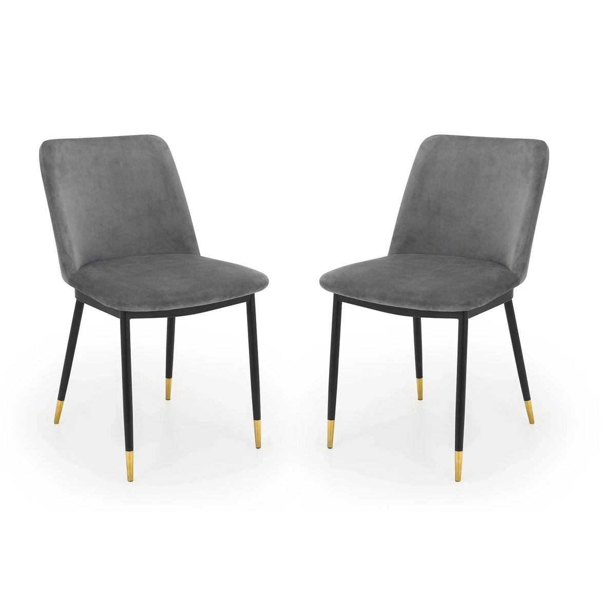 Set of two grey dining chairs with gold metal leg tips on white background