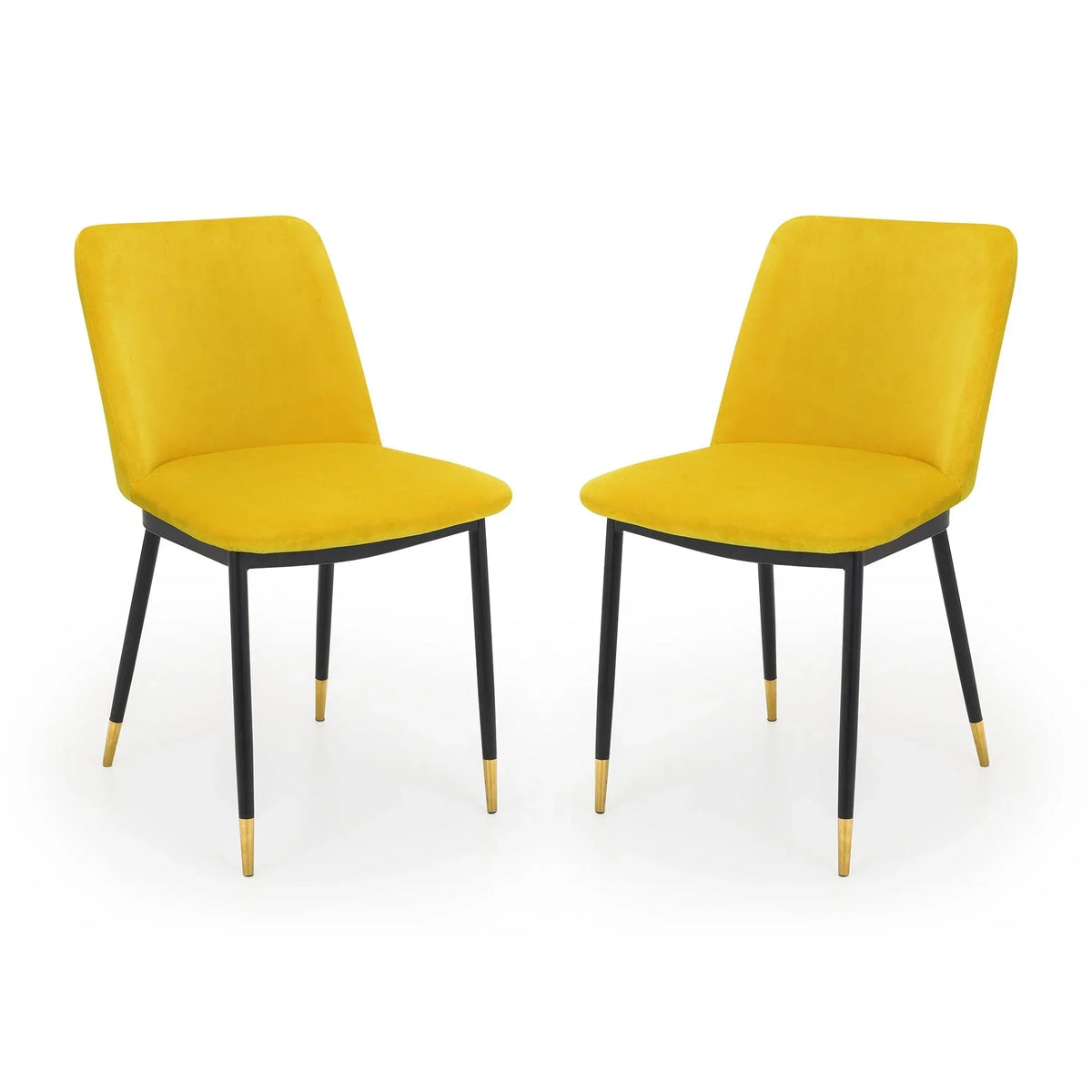 Set of 2 mustard dining chairs with black legs and gold tips on white background