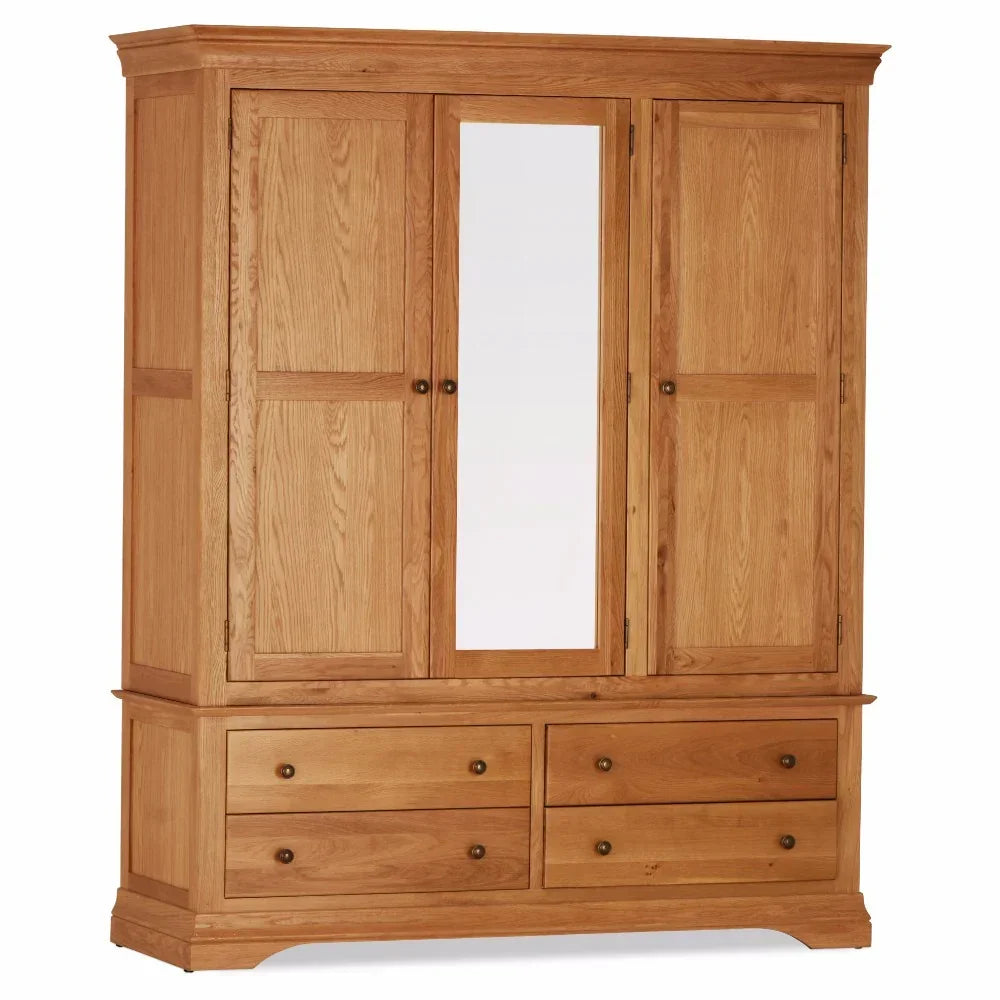 Oak triple wardrobe with four drawers and mirrored door front view
