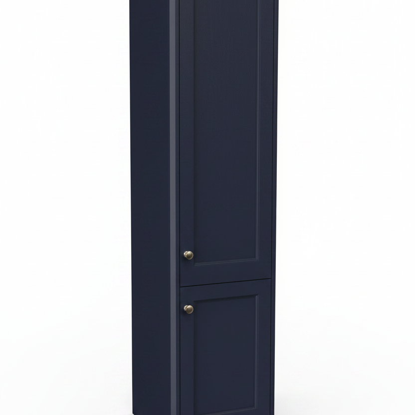 Tall navy blue storage cabinet with two panel doors and chrome handles