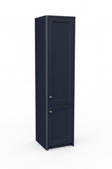 Tall navy blue storage cabinet with two panel doors and chrome handles