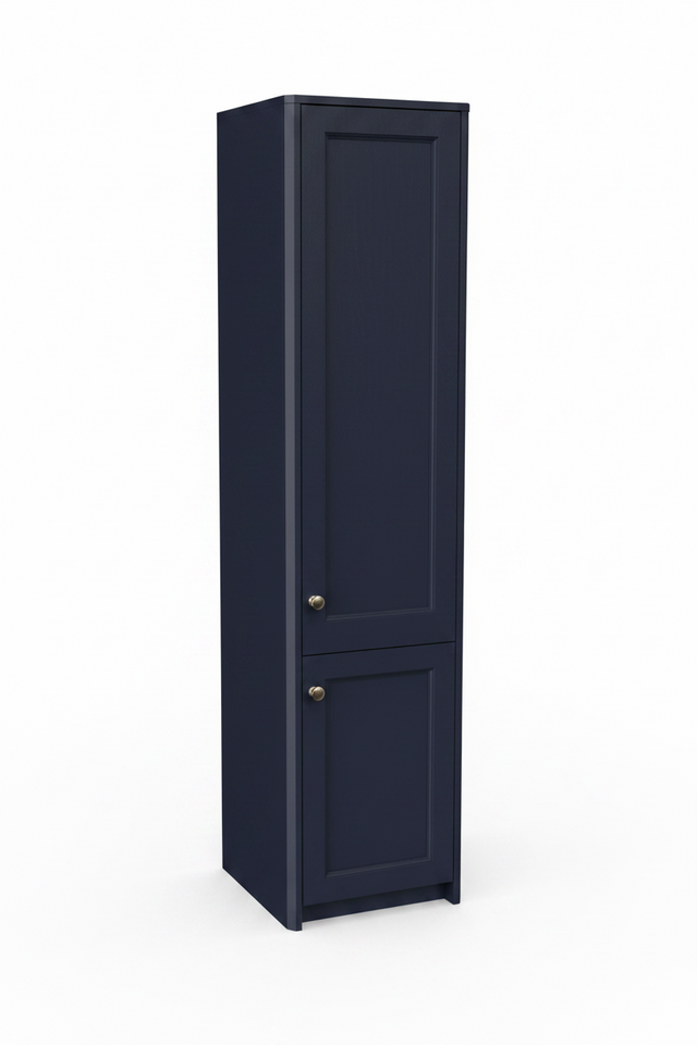 Tall navy blue storage cabinet with two panel doors and chrome handles