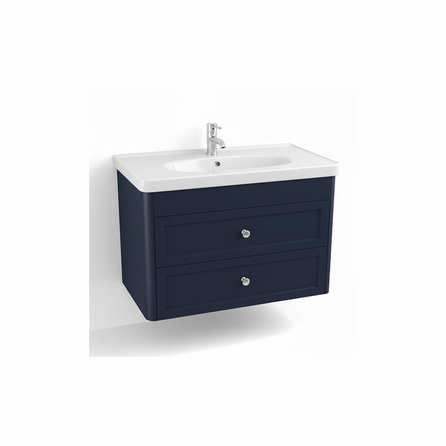 Midnight blue wall hung bathroom vanity unit with two drawer storage and contemporary styling | Home Centre Direct UK