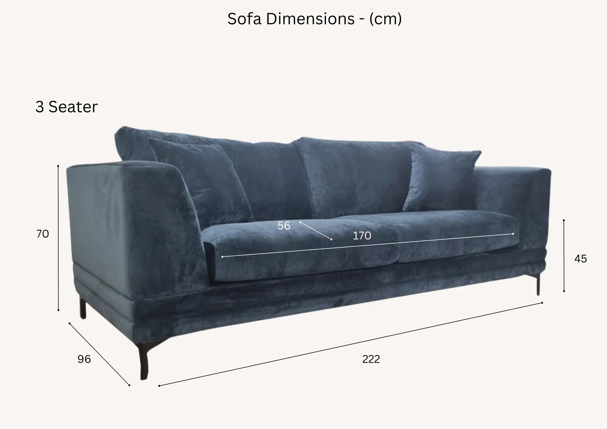 Dark velvet 3 seater sofa with dimensions in cm, showing width, depth, and height