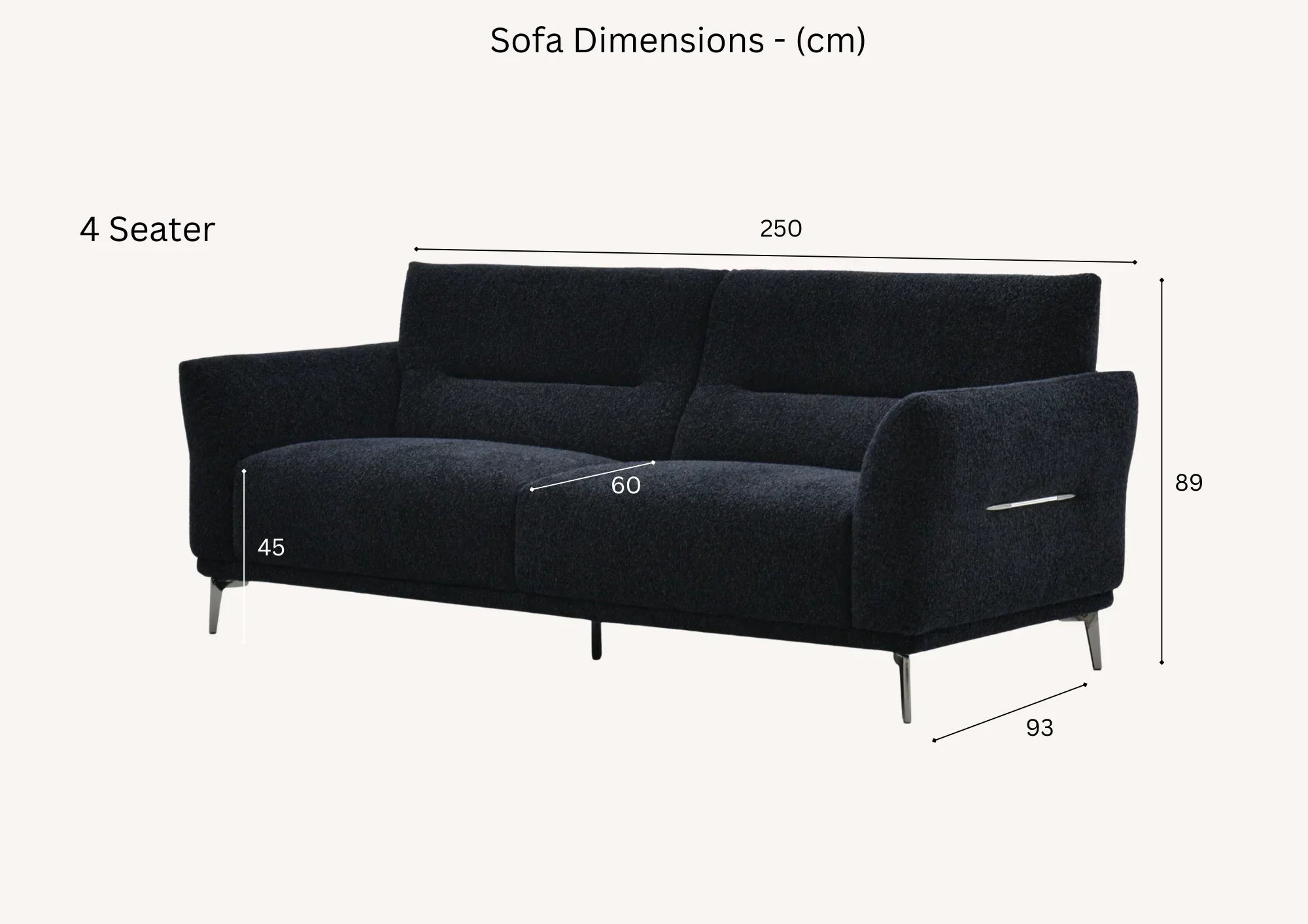 Black 4 seater sofa with metal legs, showing dimensions in cm