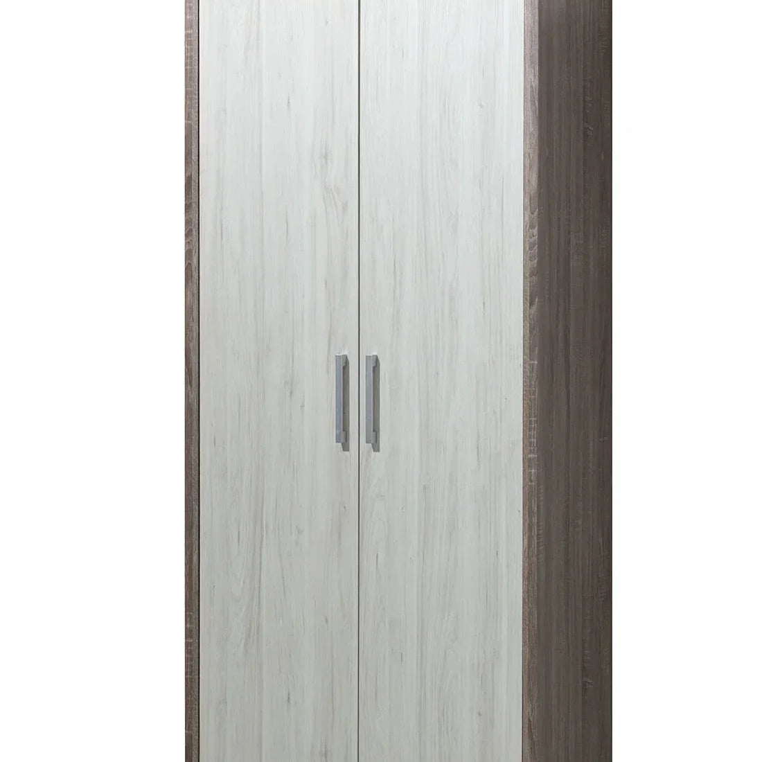 Double wardrobe with light wood doors and dark wood frame, silver handles, front angle