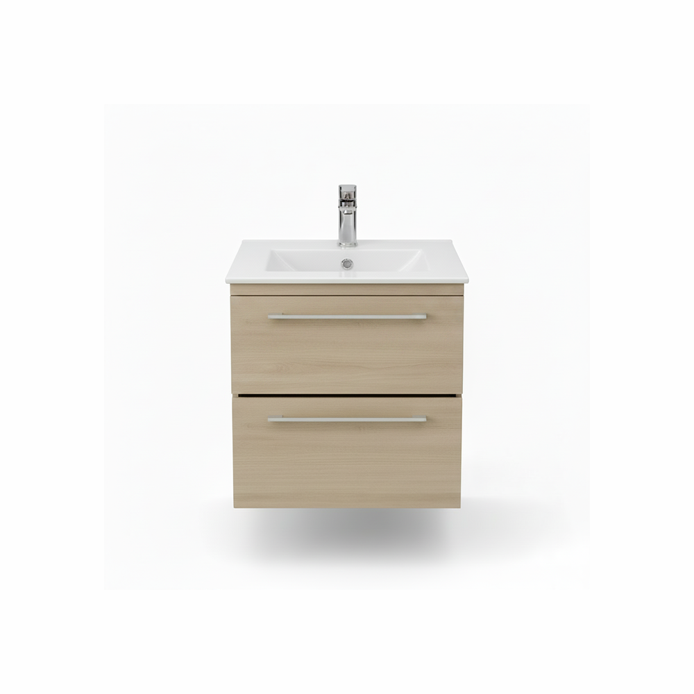 Light oak wall hung bathroom vanity unit with two drawer storage and natural wood finish | Home Centre Direct UK