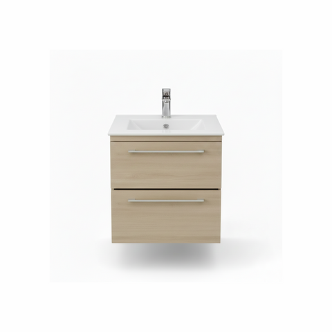Light oak wall hung bathroom vanity unit with two drawer storage and natural wood finish | Home Centre Direct UK
