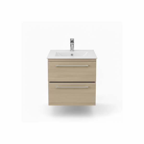 Light oak wall hung bathroom vanity unit with two drawer storage and natural wood finish | Home Centre Direct UK