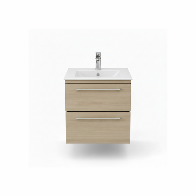 Light oak wall hung bathroom vanity unit with two drawer storage and natural wood finish | Home Centre Direct UK