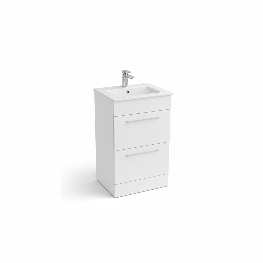 White floor standing bathroom vanity unit with two drawer storage and modern finish | Home Centre Direct UK