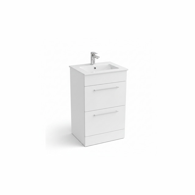 White floor standing bathroom vanity unit with two drawer storage and modern finish | Home Centre Direct UK