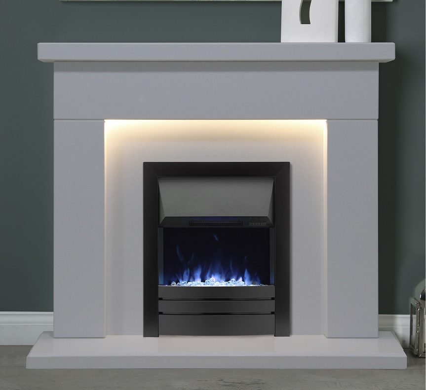 Durrington 48" Arctic White Micromarble Mantel featuring integrated lighting and a sleek black electric fire insert, designed to enhance any living space with modern elegance.