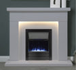 Durrington 48" Arctic White Micromarble Mantel featuring integrated lighting and a sleek black electric fire insert, designed to enhance any living space with modern elegance.