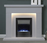 Durrington 48" Arctic White Micromarble Mantel featuring integrated lighting and a sleek black electric fire insert, designed to enhance any living space with modern elegance.