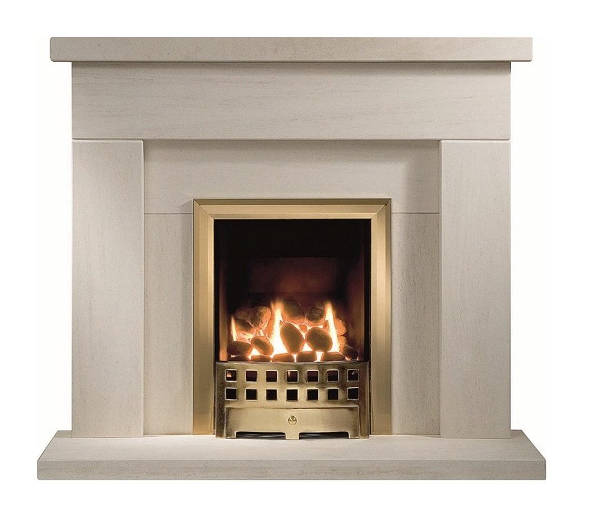 Durrington 48" Portuguese Limestone Suite featuring a sleek, modern design with a warm, inviting fireplace.