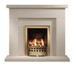 Durrington 48" Portuguese Limestone Suite featuring a sleek, modern design with a warm, inviting fireplace.