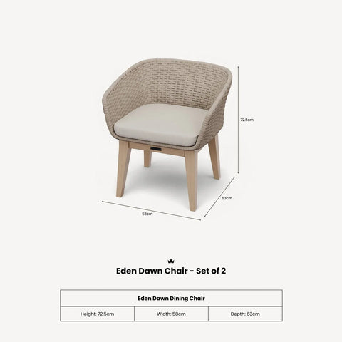 Eden Dawn dining chair with beige woven back, padded seat and light wood legs, shown with dimensions