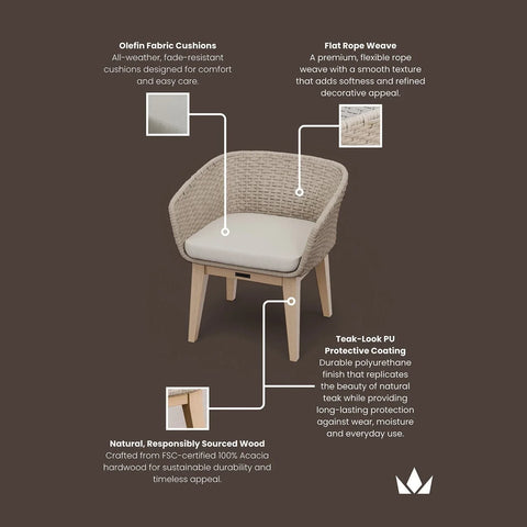 Outdoor dining chair with olefin fabric cushion, flat rope weave and acacia wood legs