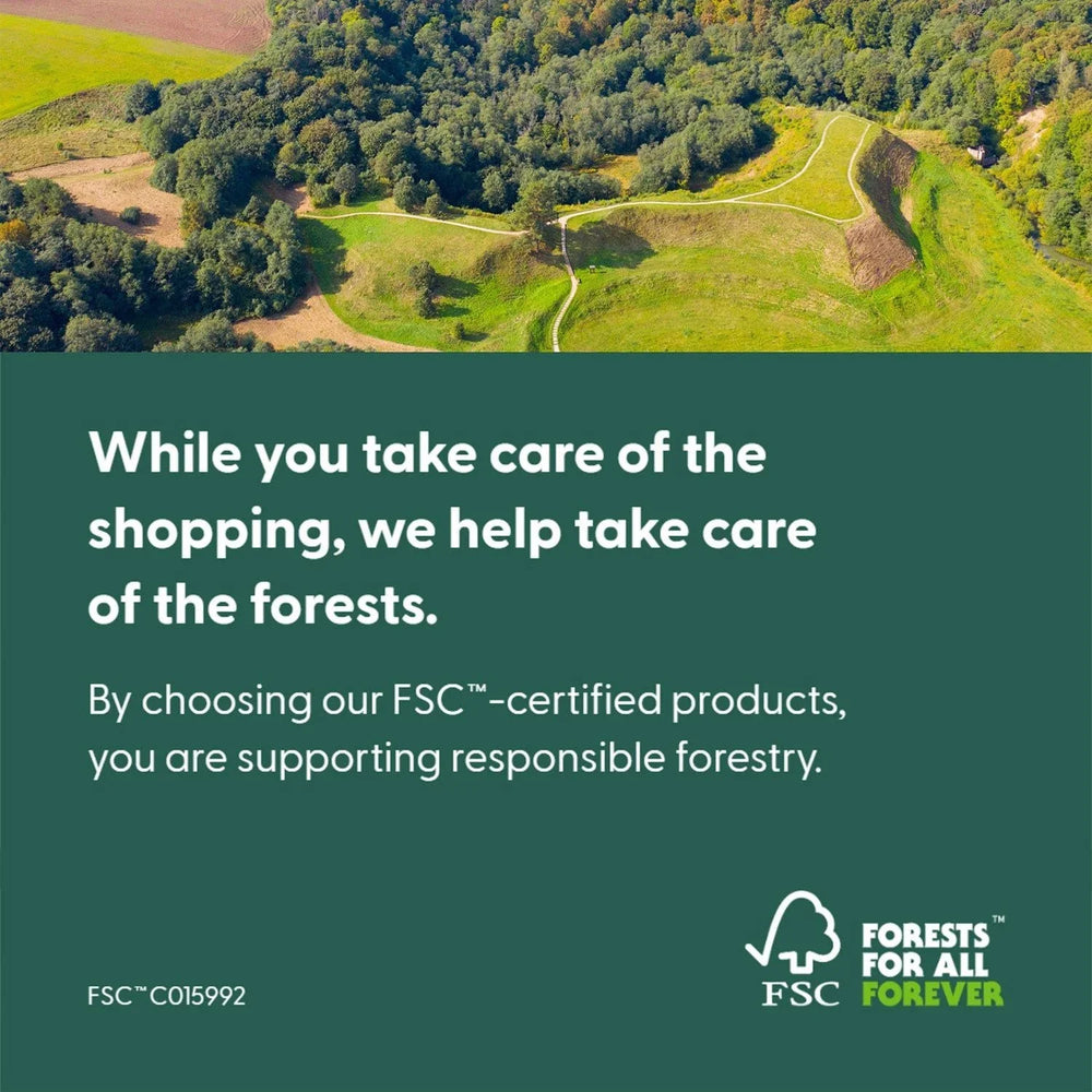 Aerial view of green forest and fields with FSC certified sustainability message
