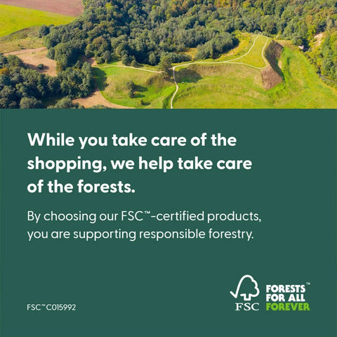 Aerial view of green forest and fields with FSC certified sustainability message