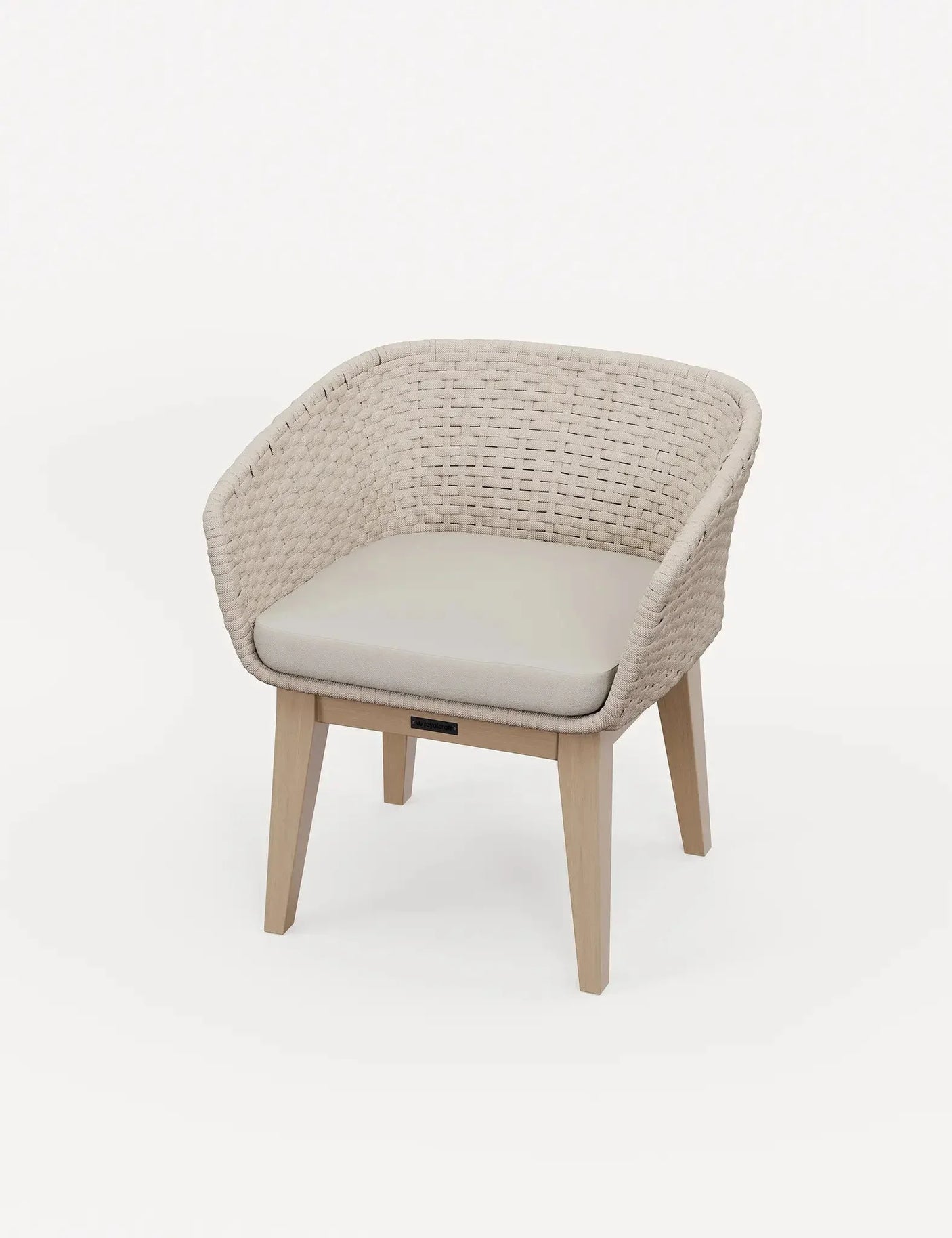 Beige woven accent chair with light wooden legs and cushioned seat on white background