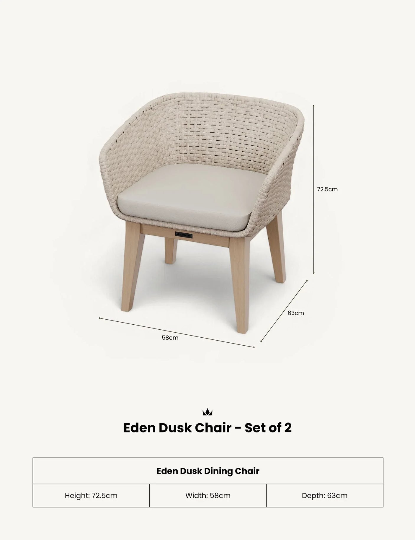 Eden Dusk dining chair with woven beige backrest, light wood legs, and seat cushion