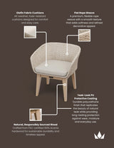 Beige rope weave dining chair with olefin cushions and acacia wood legs, featured close-up
