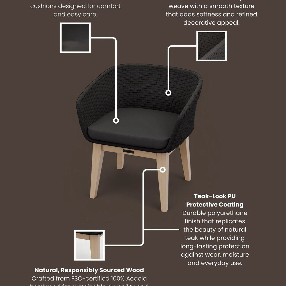 Black rope weave armchair with olefin cushions and acacia wood legs, labelled features