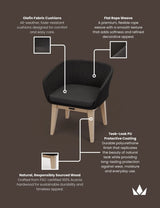Black rope weave armchair with olefin cushions and acacia wood legs, labelled features