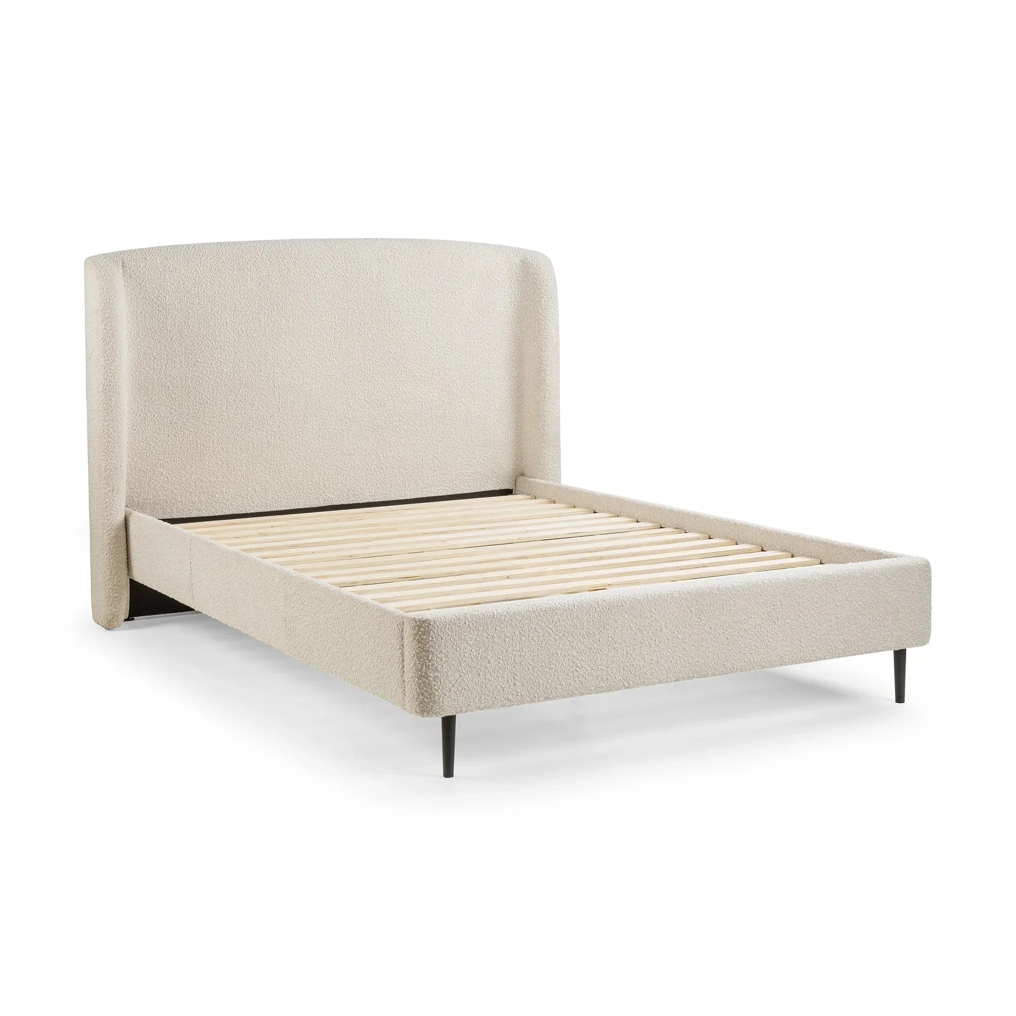 Ivory boucle double bed frame with slatted base and high headboard