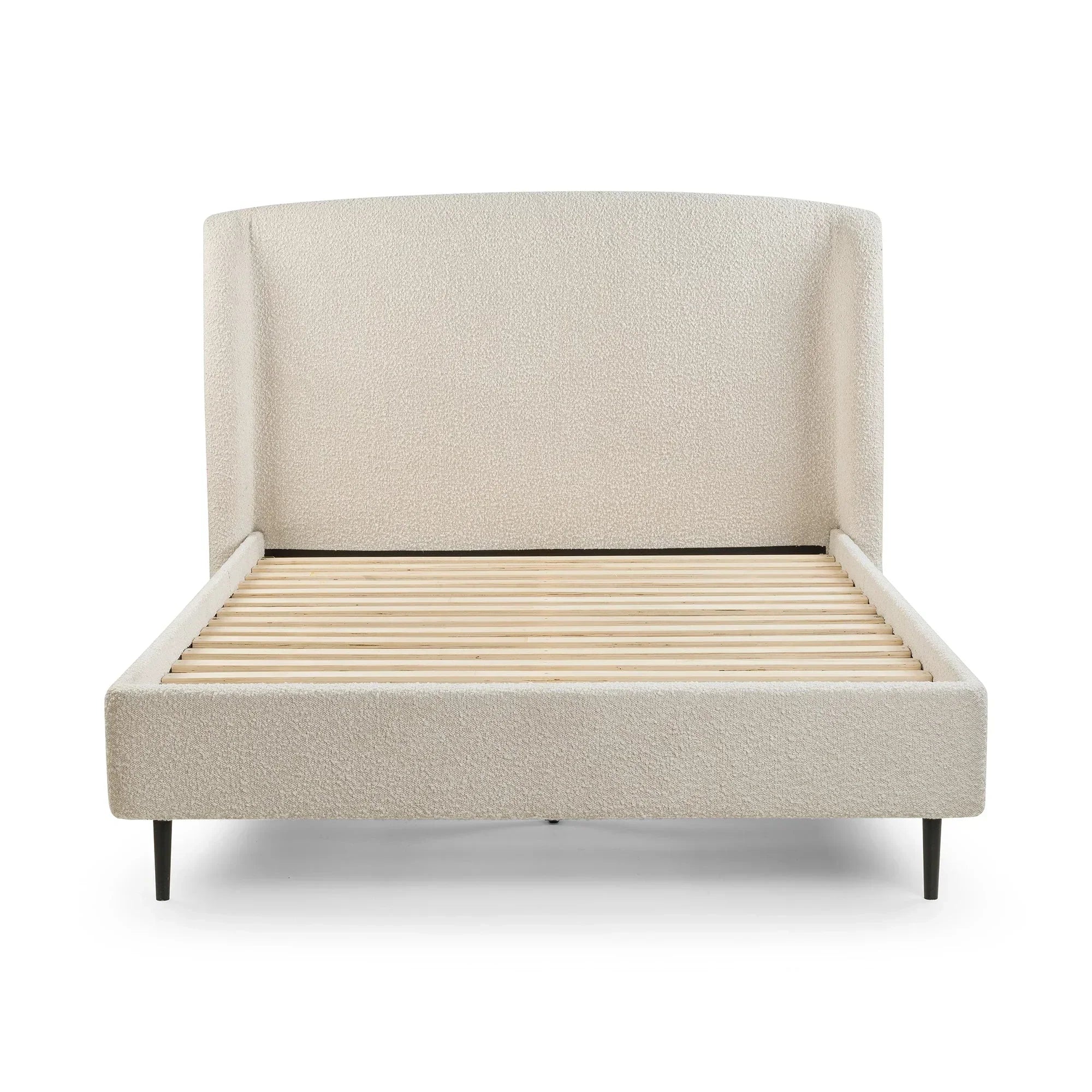 Ivory boucle double bed frame with tall headboard and wooden slats, front view
