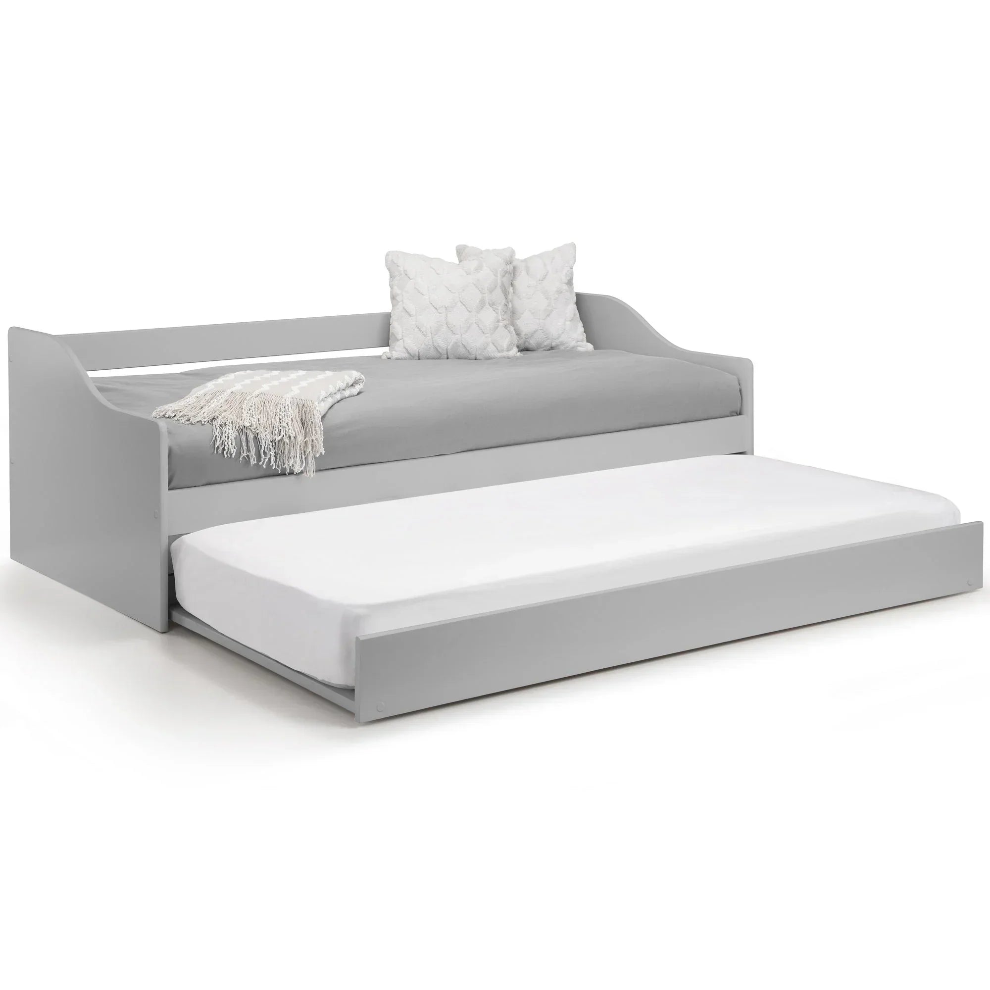 Dove grey single daybed with pull-out trundle, two pillows and throw blanket
