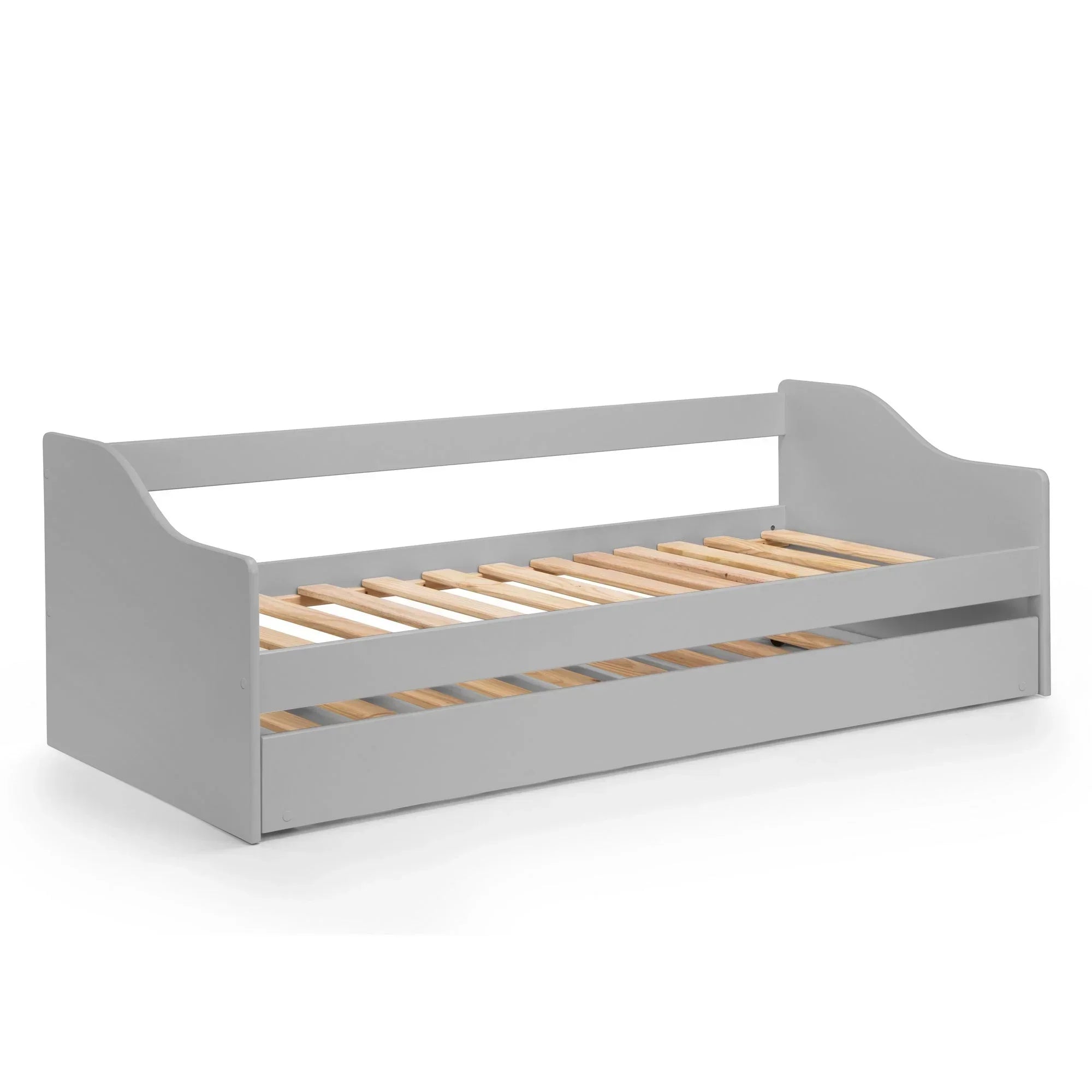 Dove grey single daybed with wooden slats and side panels, angled studio view