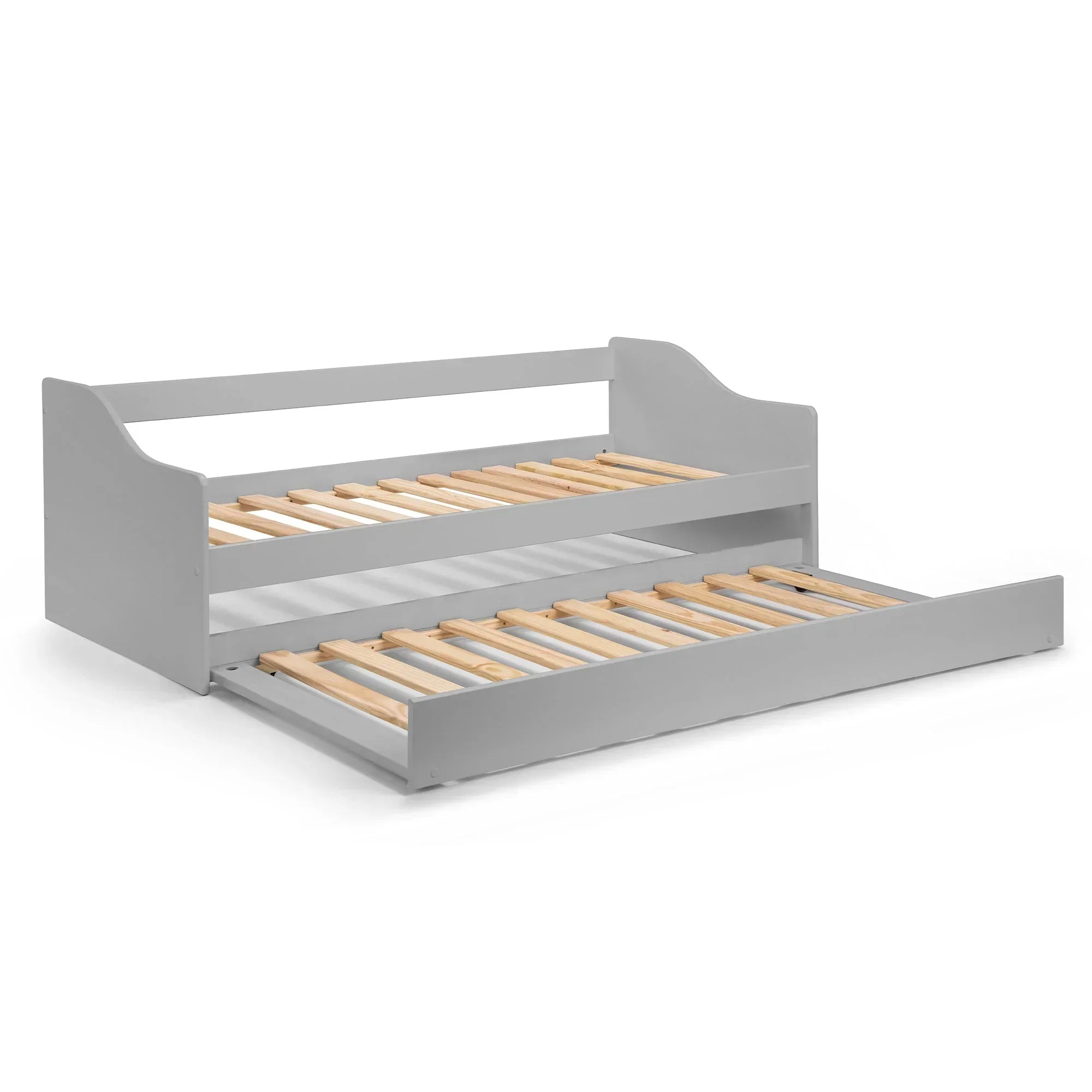 Dove grey single daybed with pull-out trundle and wooden slatted base, side angle view