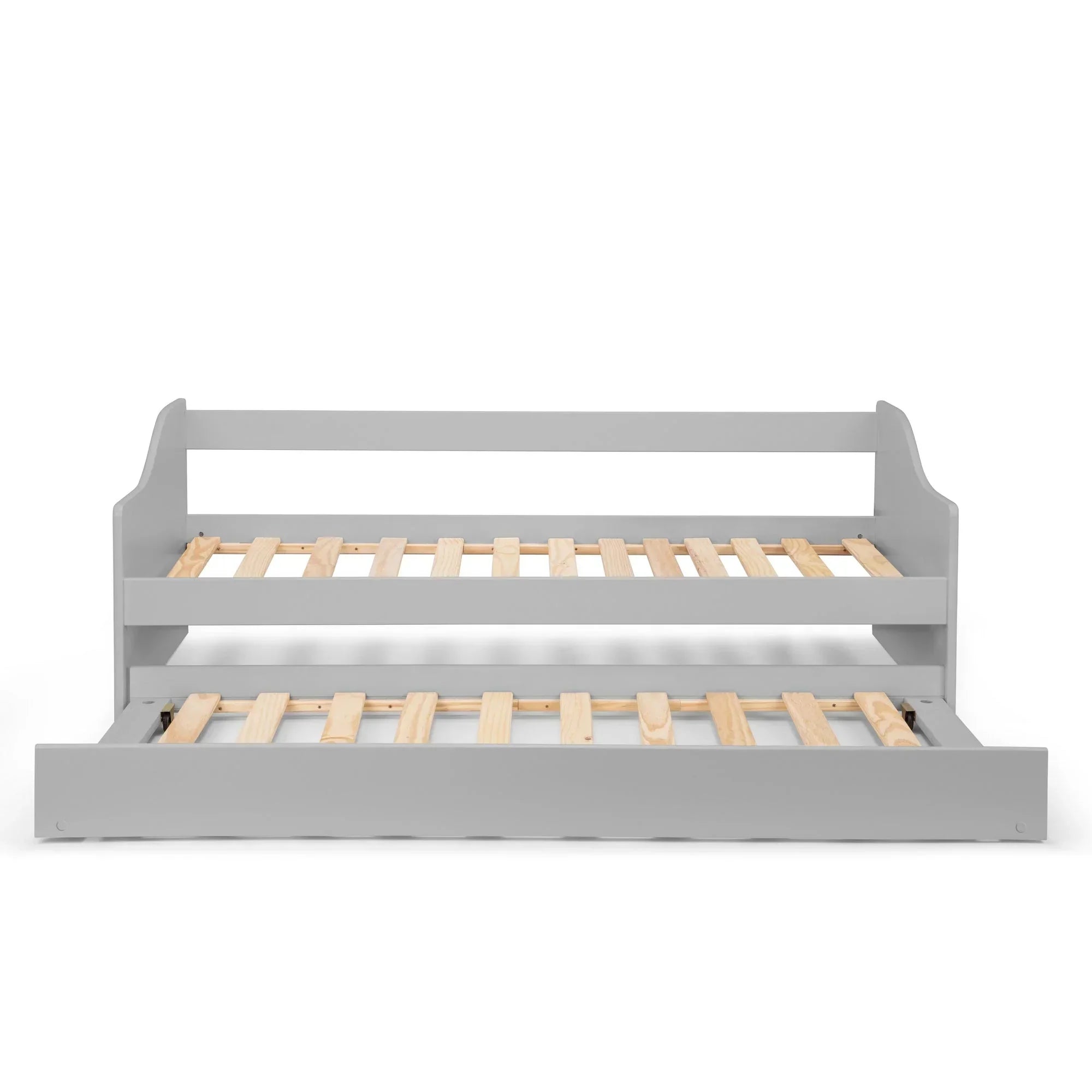 Grey wooden single daybed with pull-out trundle bed and slatted base, front view