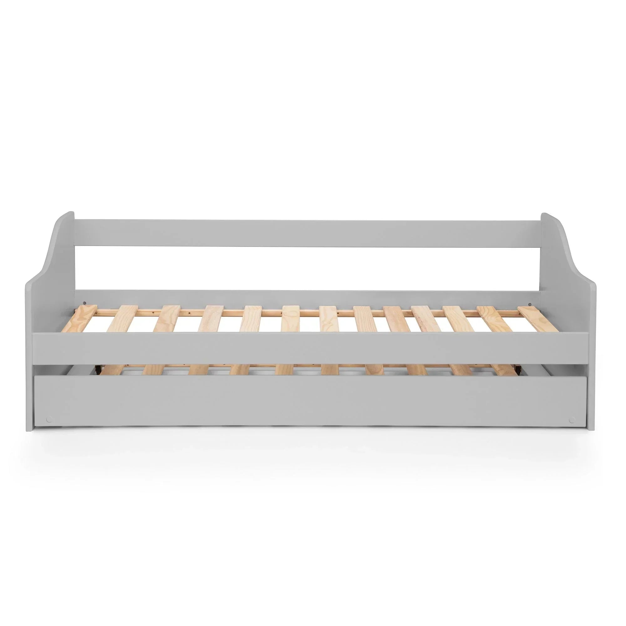 Dove grey single daybed with wooden slats and side panels, front angle view