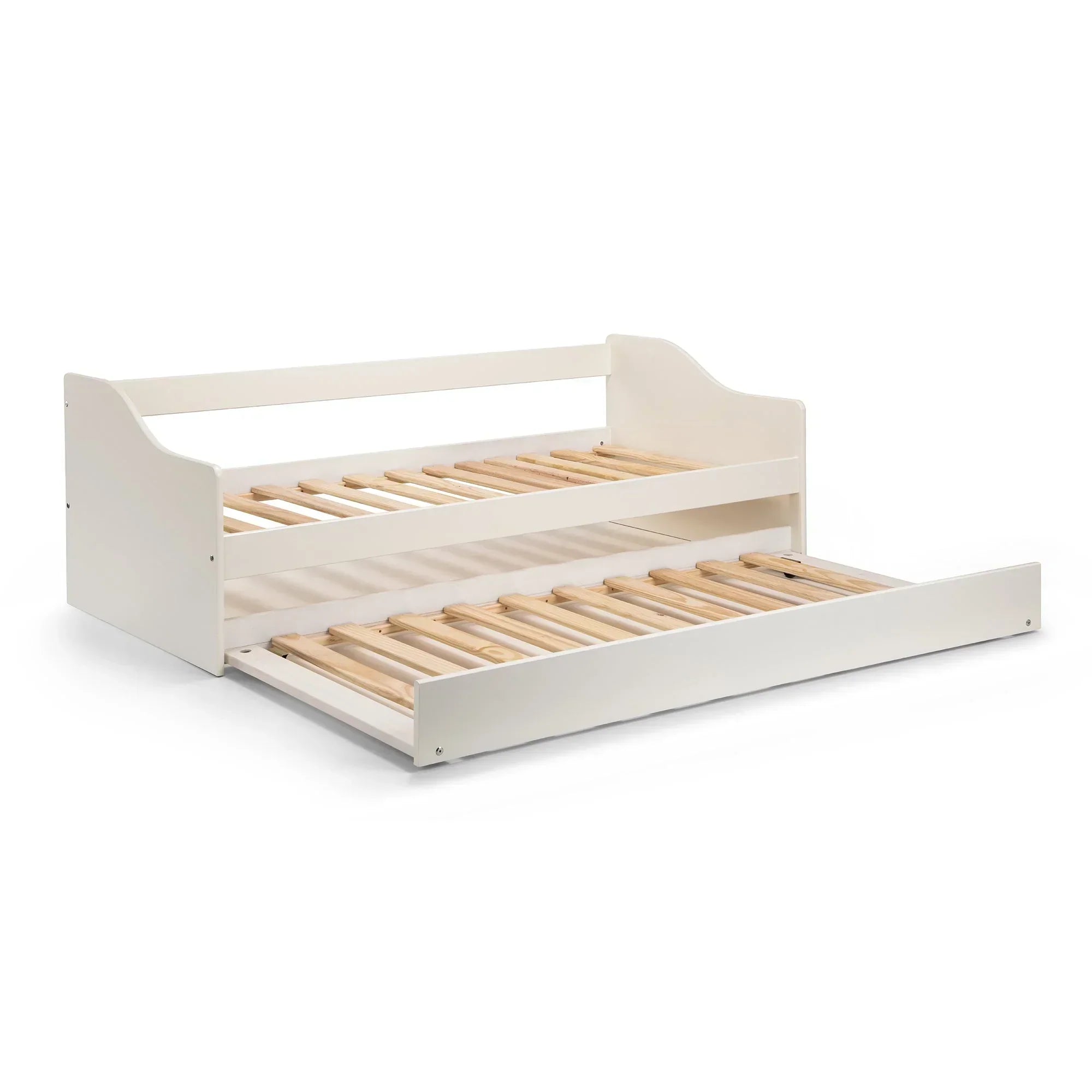 White wooden single daybed with pull-out trundle and slatted bases on white background
