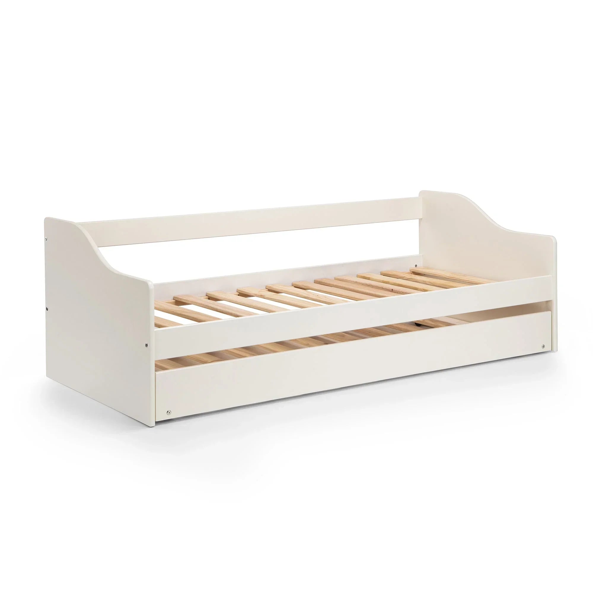 Surf white wooden single daybed frame with side panels and slatted base, angled view