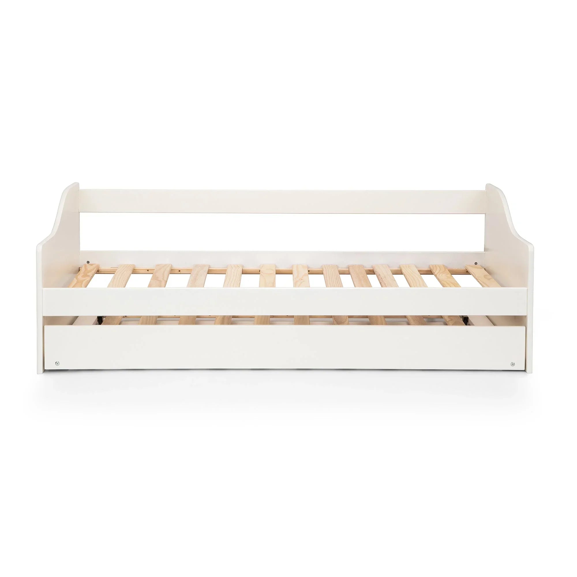 White wooden single daybed with slatted base and raised sides, front-facing view