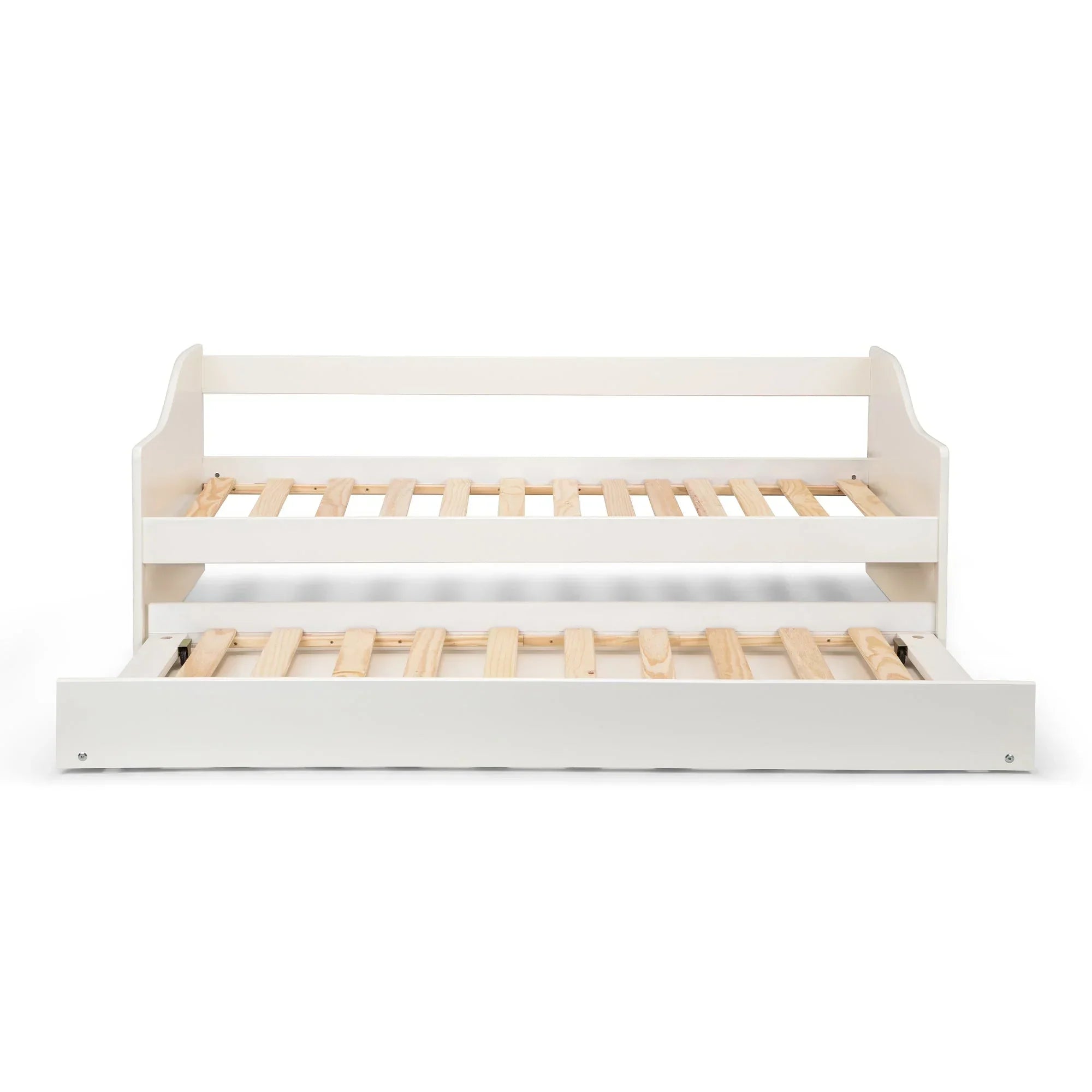 White wooden single daybed frame with pull-out trundle, slatted base, front view