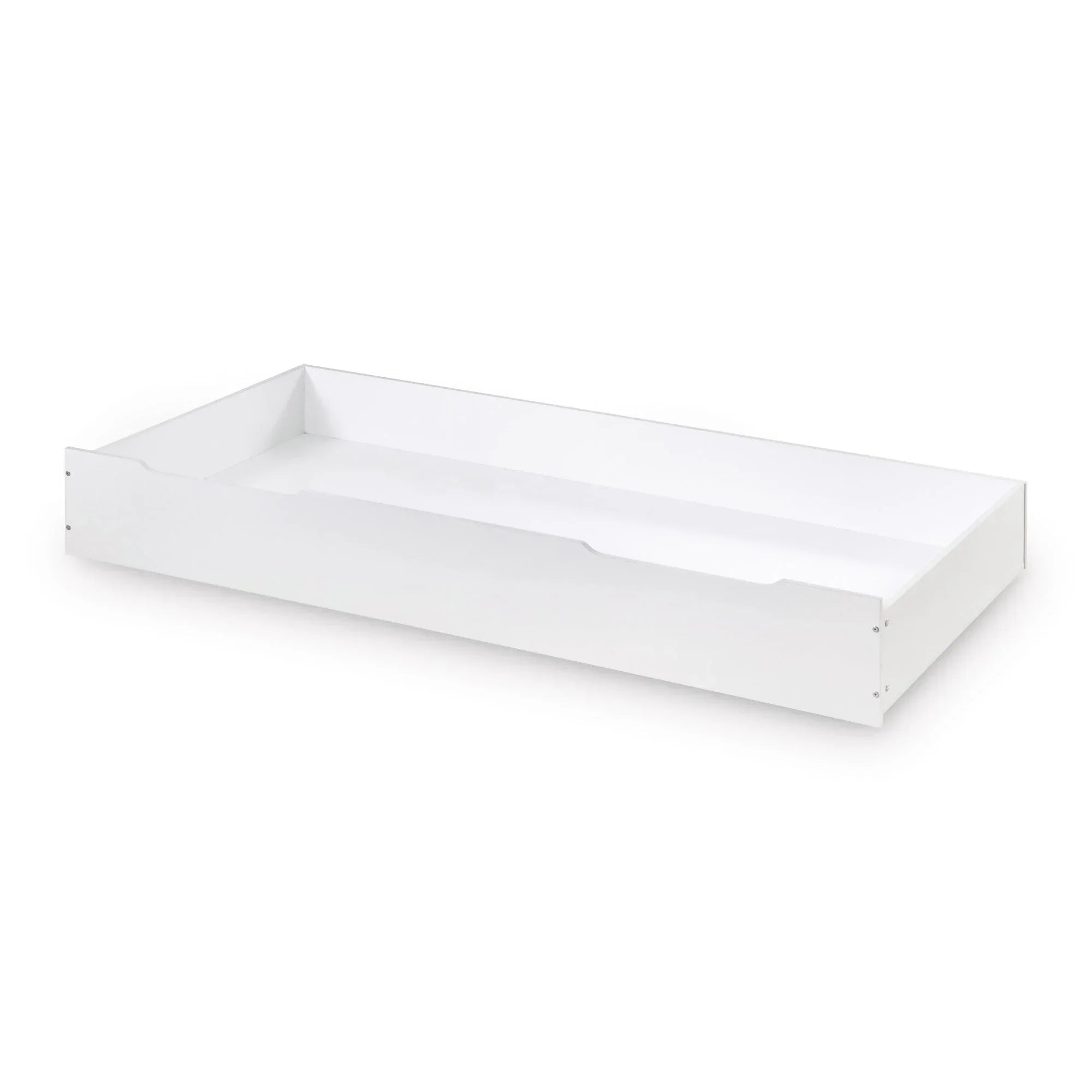 White wooden under bed storage drawer with cut-out handles, angled front view