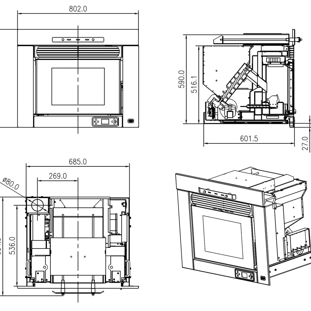 Elm 11 Insert Pellet Stove - Technical Drawing