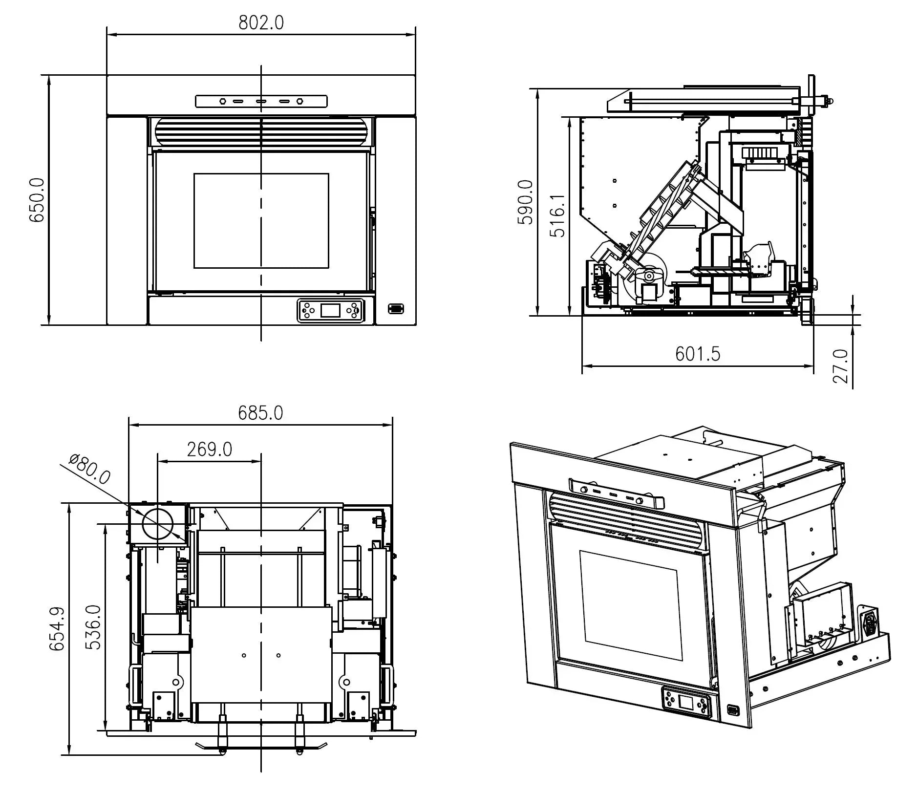 Black electric fireplace insert technical drawing showing measurements and installation angles