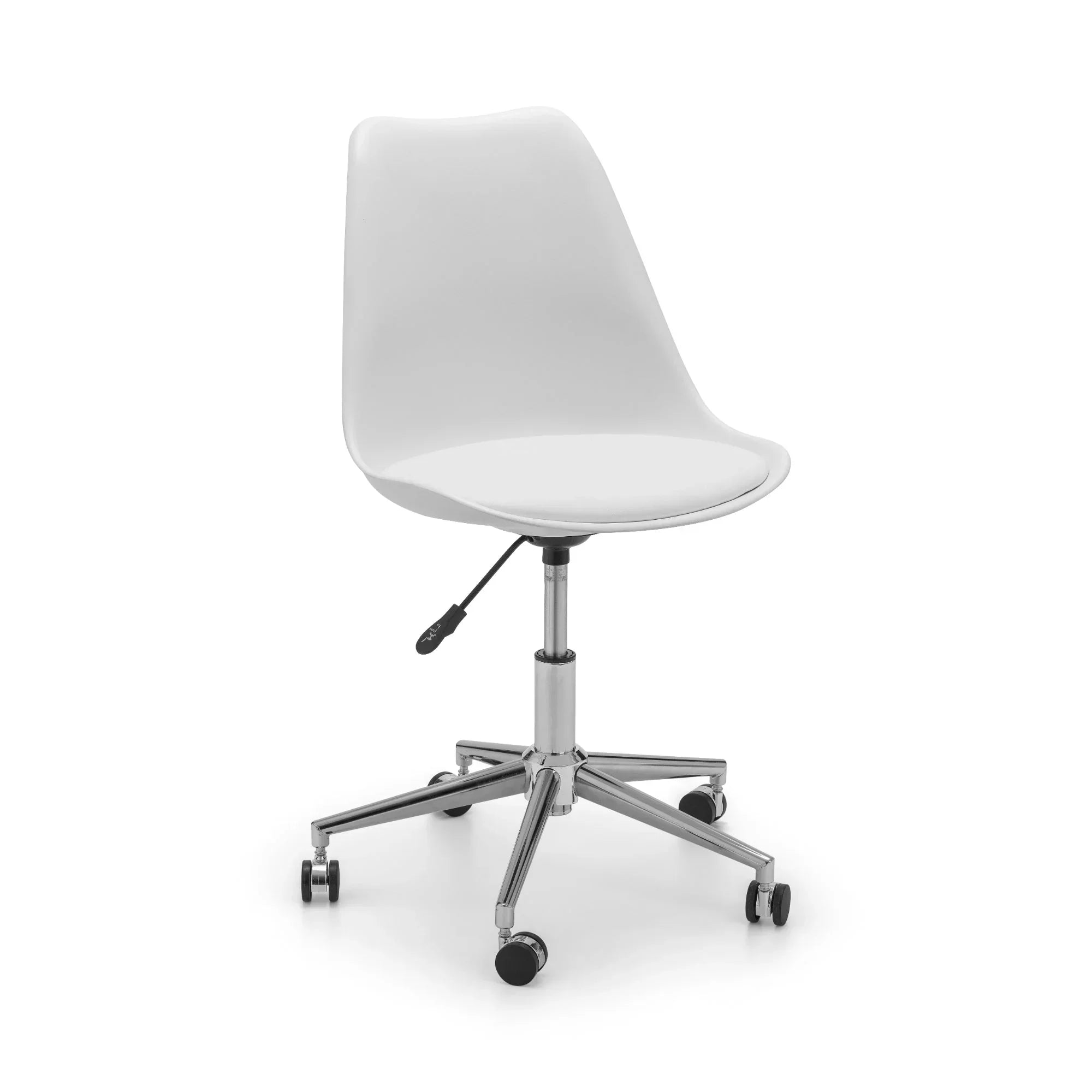 White office chair with chrome base and seat height lever on white background