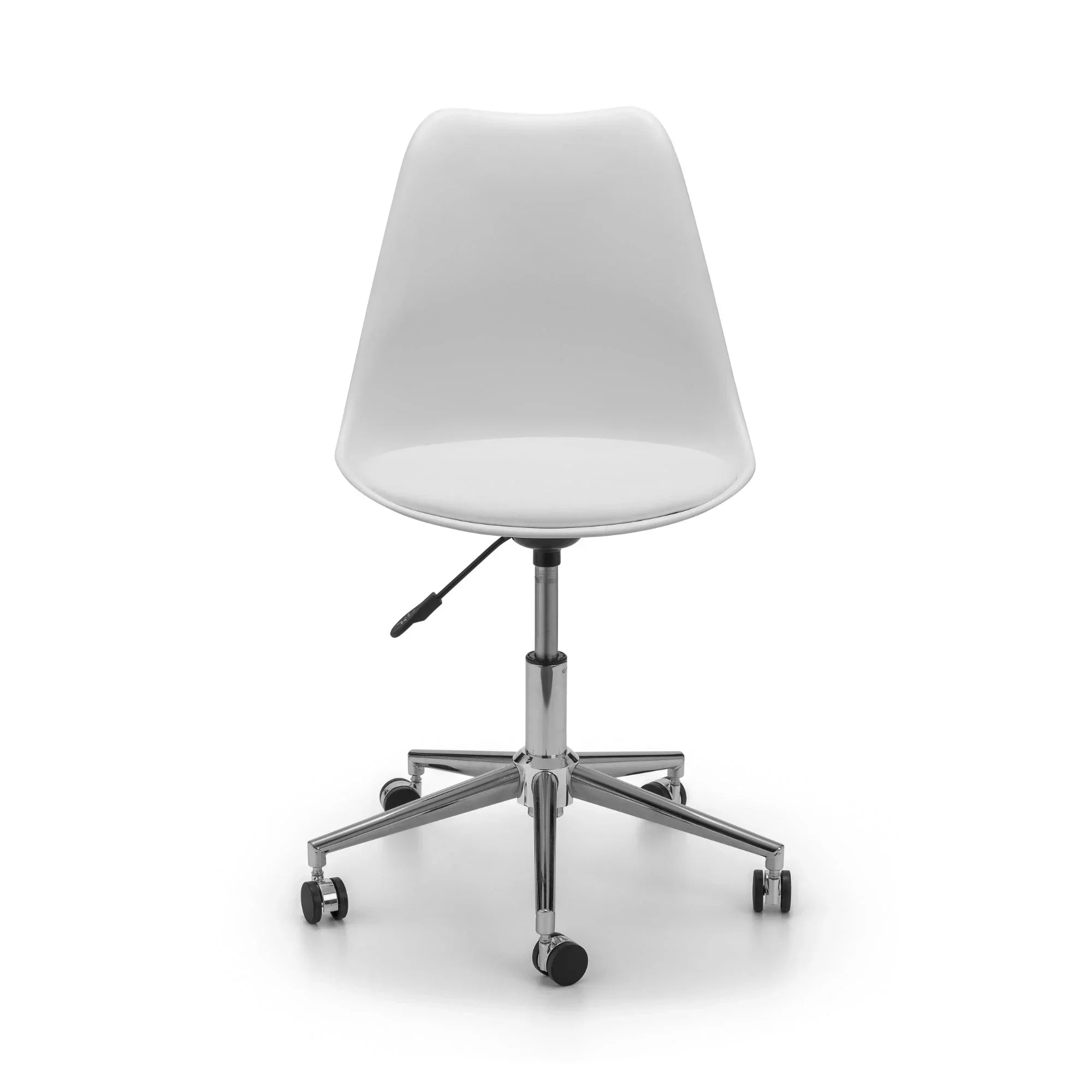 White office chair with chrome base and castors, height adjustable, front view