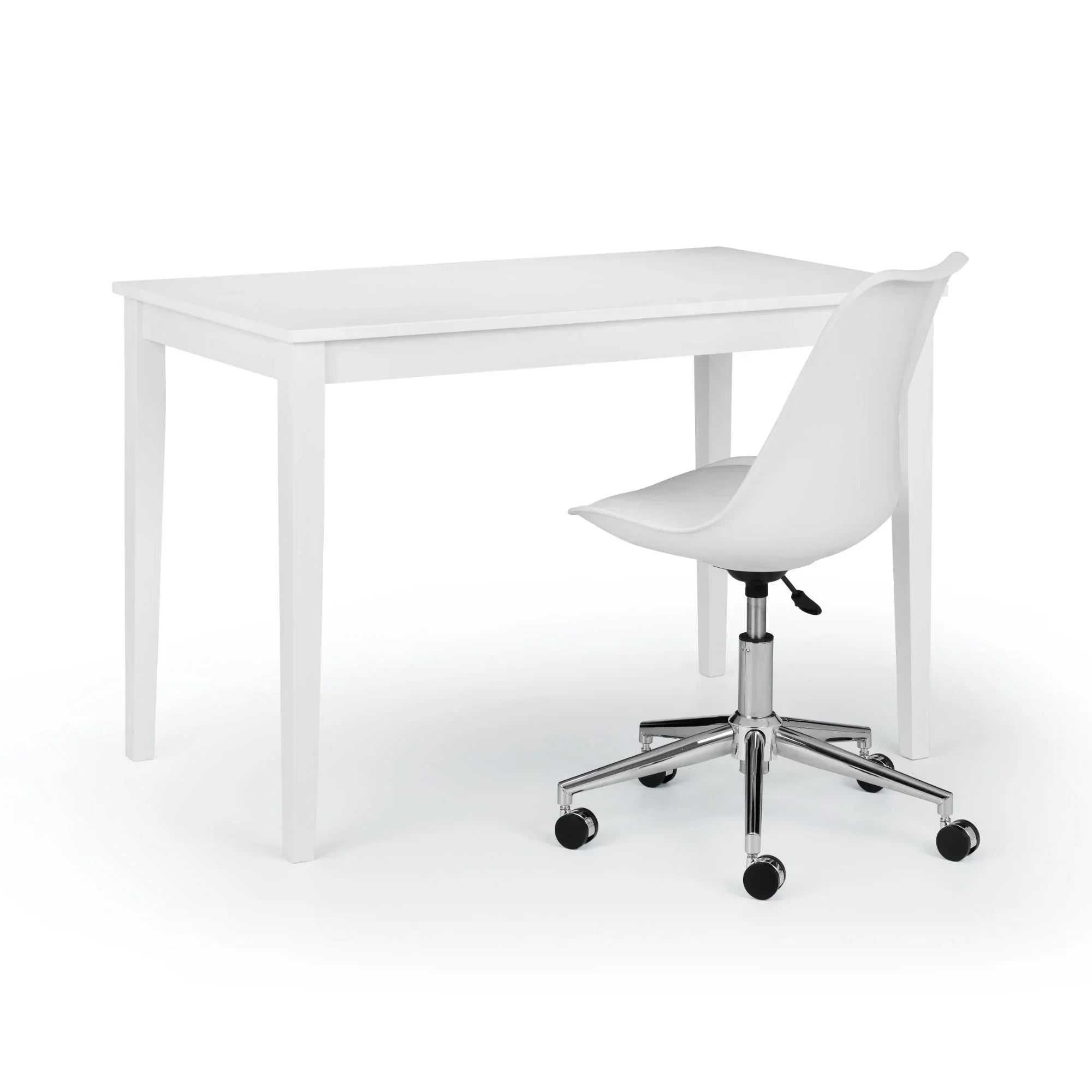 White office chair with chrome base and caster wheels beside minimalist white desk